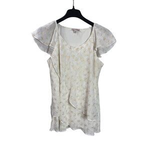 Dressbarn Sheer Bow Print Ruffle Top Size 1X Lined White Gold Coquette Preppy